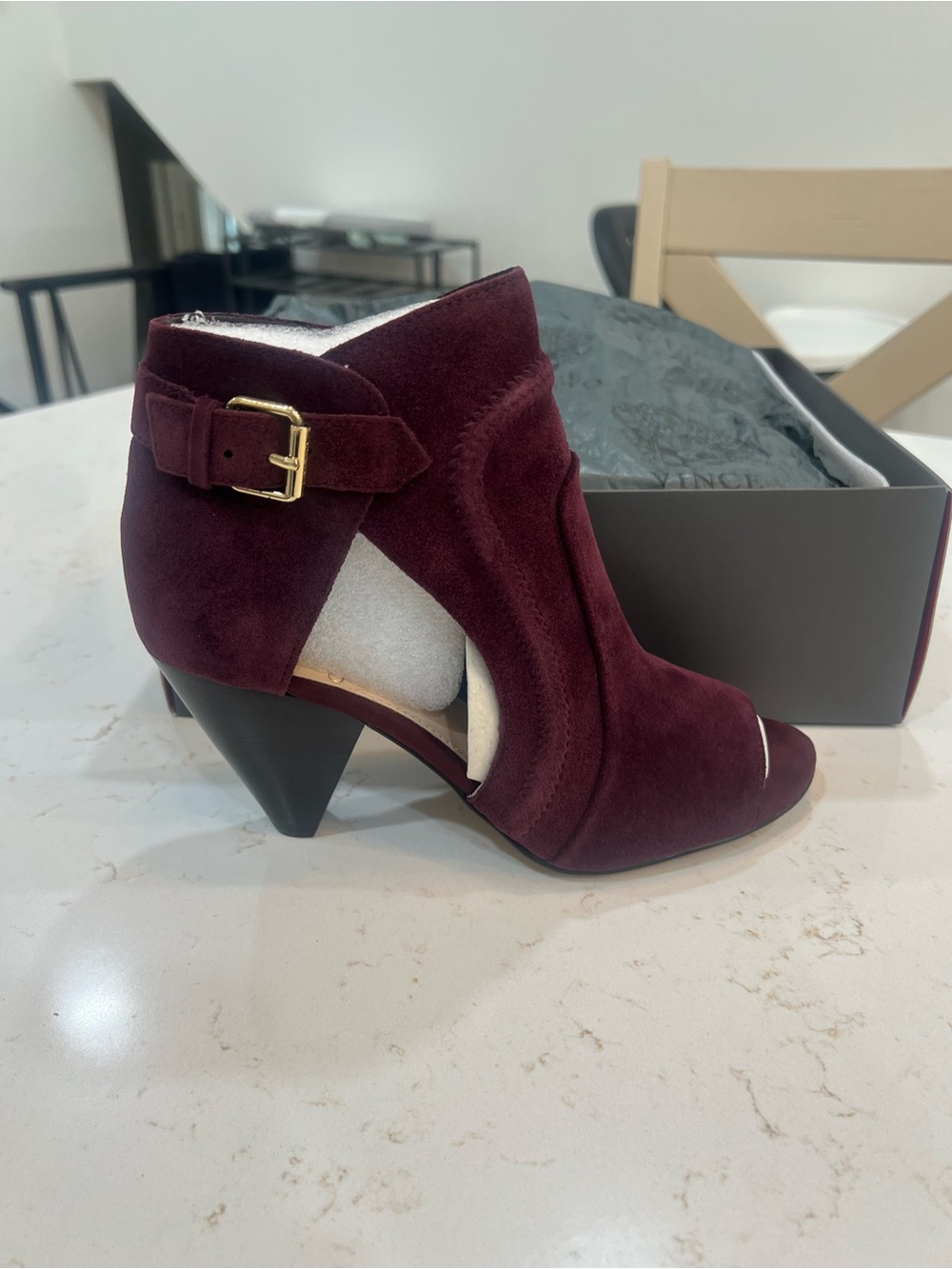 Vince Camuto Burgundy Suede Cutout Ankle Boot with Gold Buckle